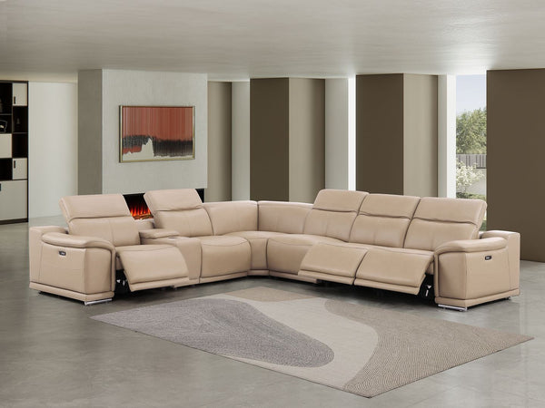 HomeRoots Beige Leather Modular L-Shaped Sectional Sofa: 7-Piece Comfort with Power Recline & USB Console 643894