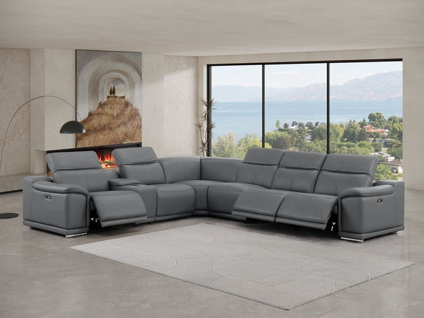 HomeRoots Battleship Gray Leather Modular L-Shaped Sectional Sofa with Console, USB Ports & Power Recline 643897