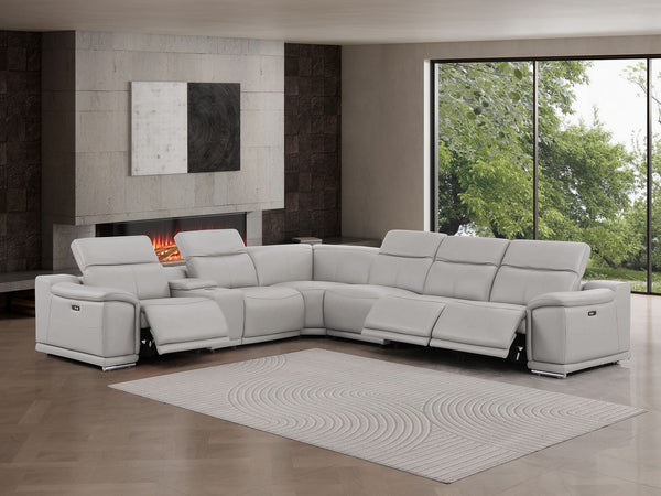 HomeRoots Ash Gray Leather Modular L-Shaped Sectional Sofa: 7-Piece Comfort with Power Recline & Custom Layout 643898