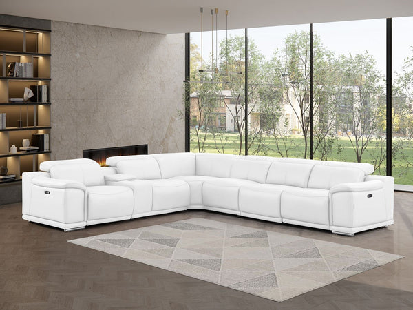 HomeRoots White Leather Modular L-Shaped Seven-Piece Sectional with Power Recline, Console, and Storage Solutions 643899