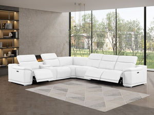HomeRoots White Leather Modular L-Shaped Seven-Piece Sectional with Power Recline, Console, and Storage Solutions 643899