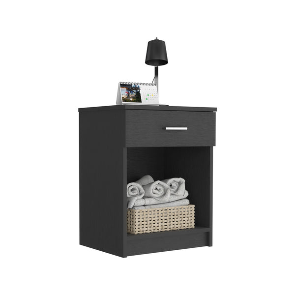 English Elm Eco Nightstand with Spacious Drawer and Open Shelf, Compact 21.7" Height Durable Laminated Finish Black 25.6 L x 18.5 W x 5.5 H B20091851