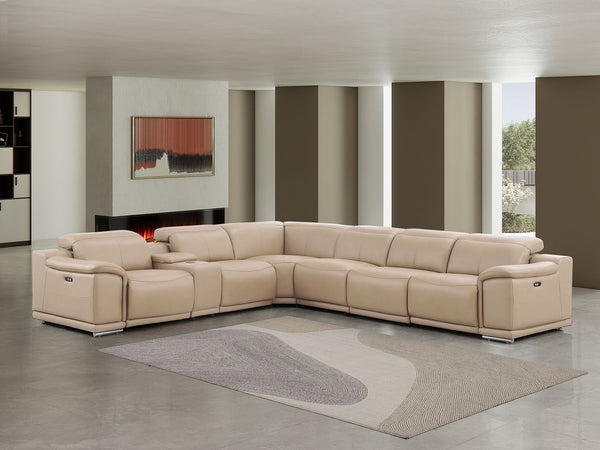 HomeRoots Beige Modular L-Shaped Sectional Sofa Set with Console – 7-Piece Leather Comfort for Modern Living 643901