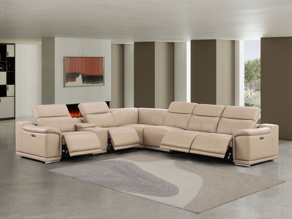 HomeRoots Beige Modular L-Shaped Sectional Sofa Set with Console – 7-Piece Leather Comfort for Modern Living 643901