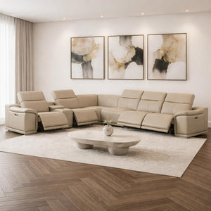 HomeRoots Beige Modular L-Shaped Sectional Sofa Set with Console – 7-Piece Leather Comfort for Modern Living 643901