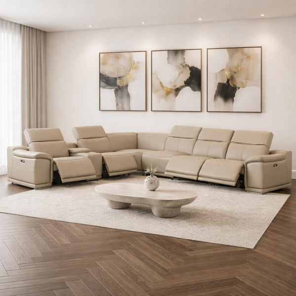 HomeRoots Beige Modular L-Shaped Sectional Sofa Set with Console – 7-Piece Leather Comfort for Modern Living 643901