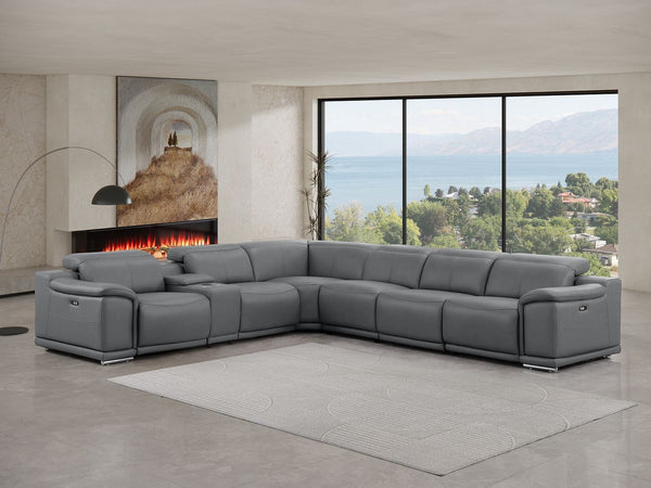 HomeRoots Battleship Gray Leather Sectional Sofa - Seven-Piece L-Shaped Design with Console & Power Recline 643903