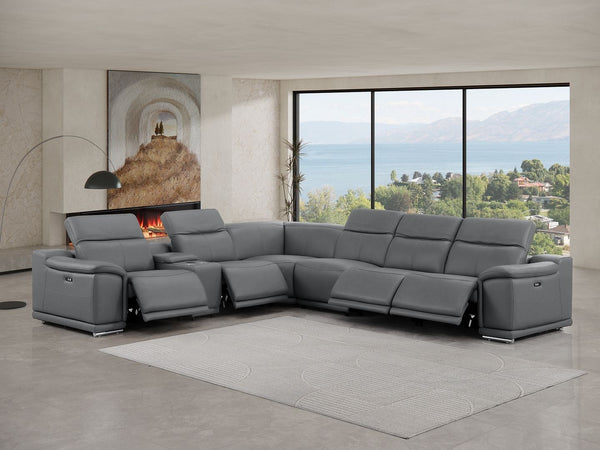 HomeRoots Battleship Gray Leather Sectional Sofa - Seven-Piece L-Shaped Design with Console & Power Recline 643903