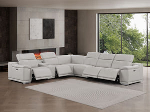 HomeRoots Ash Gray Leather Modular L-Shaped Sectional Sofa with Console - Power Recline & Customizable Comfort 643904
