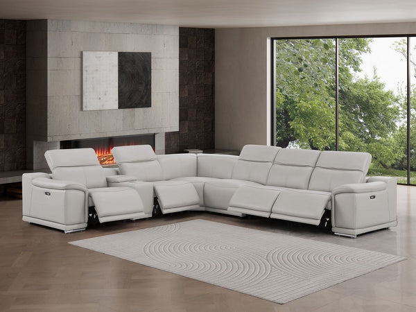 HomeRoots Ash Gray Leather Modular L-Shaped Sectional Sofa with Console - Power Recline & Customizable Comfort 643904
