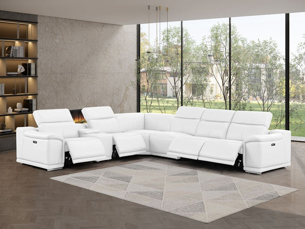 HomeRoots White Leather Modular L-Shaped Sectional Sofa with Console, Power Recline & USB - Stylish Comfort! 643905