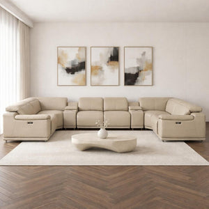 HomeRoots Beige Leather Modular U-Shaped Sectional Sofa with Console - Luxurious Comfort & Versatile Design 643907
