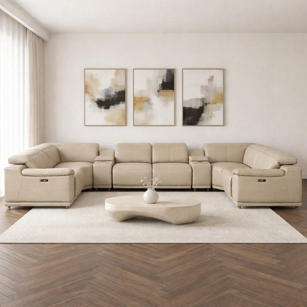 HomeRoots Beige Leather Modular U-Shaped Sectional Sofa with Console - Luxurious Comfort & Versatile Design 643907