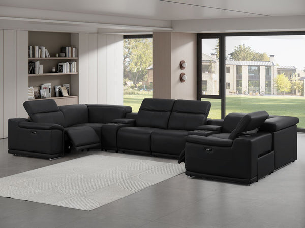 HomeRoots Black Leather Modular U-Shaped Eight-Piece Sectional Sofa with Console, Recline & USB Charging Ports 643908