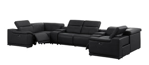 HomeRoots Black Leather Modular U-Shaped Eight-Piece Sectional Sofa with Console, Recline & USB Charging Ports 643908