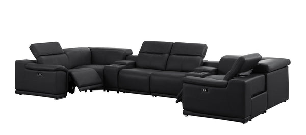 HomeRoots Black Leather Modular U-Shaped Eight-Piece Sectional Sofa with Console, Recline & USB Charging Ports 643908