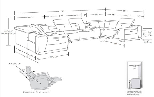 HomeRoots Black Leather Modular U-Shaped Eight-Piece Sectional Sofa with Console, Recline & USB Charging Ports 643908