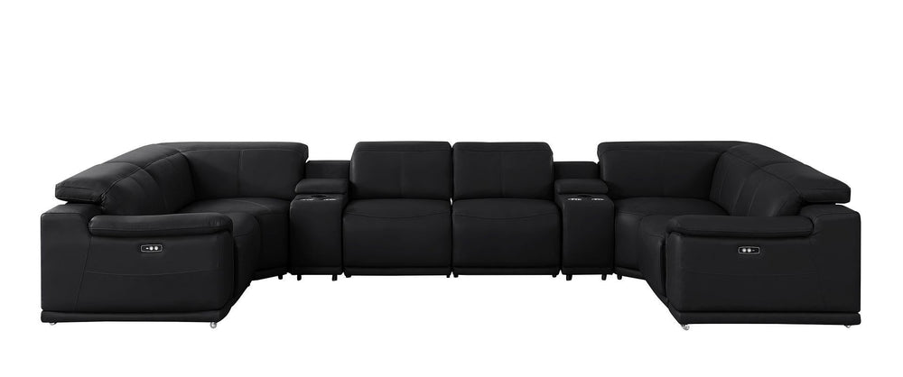 HomeRoots Black Leather Modular U-Shaped Eight-Piece Sectional Sofa with Console, Recline & USB Charging Ports 643908