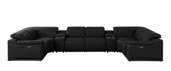 HomeRoots Black Leather Modular U-Shaped Eight-Piece Sectional Sofa with Console, Recline & USB Charging Ports 643908