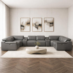 HomeRoots Battleship Gray Leather Modular U-Shaped Sectional Sofa with Console, USB Charging & Recline Options 643909