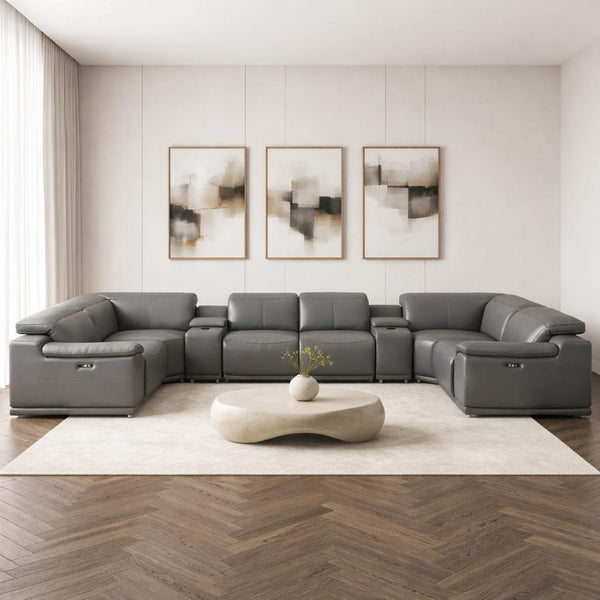 HomeRoots Battleship Gray Leather Modular U-Shaped Sectional Sofa with Console, USB Charging & Recline Options 643909