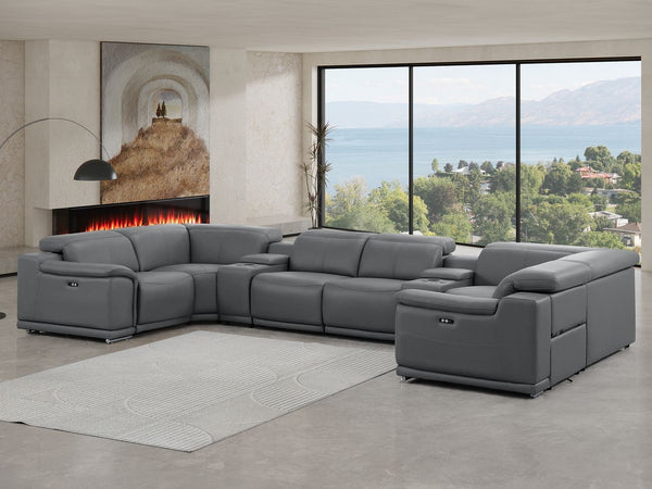 HomeRoots Battleship Gray Leather Modular U-Shaped Sectional Sofa with Console, USB Charging & Recline Options 643909