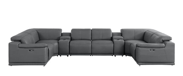 HomeRoots Battleship Gray Leather Modular U-Shaped Sectional Sofa with Console, USB Charging & Recline Options 643909