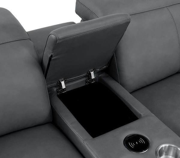 HomeRoots Battleship Gray Leather Modular U-Shaped Sectional Sofa with Console, USB Charging & Recline Options 643909