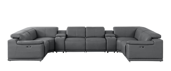 HomeRoots Battleship Gray Leather Modular U-Shaped Sectional Sofa with Console, USB Charging & Recline Options 643909