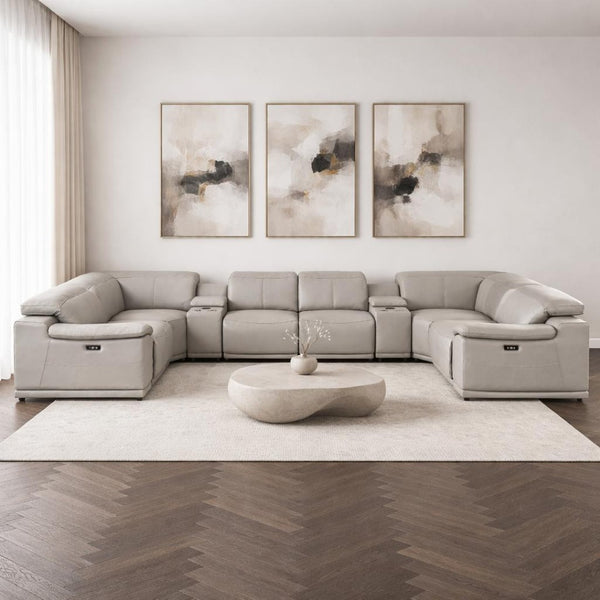 HomeRoots Ash Gray Leather Modular U-Shaped Sectional Sofa with Console, Power Recline & USB Ports - Luxurious Comfort 643910