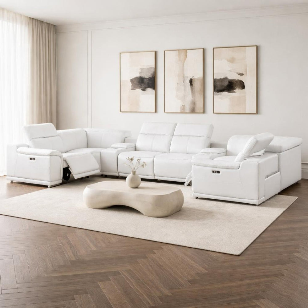 HomeRoots White Leather U-Shaped Eight-Piece Modular Sectional: Power Recline, USB Console & Plush Comfort 643911