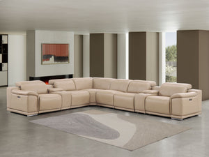 HomeRoots Beige Leather Modular L-Shaped Sectional Sofa with Console, Power Recline & USB Ports for Ultimate Comfort 643912