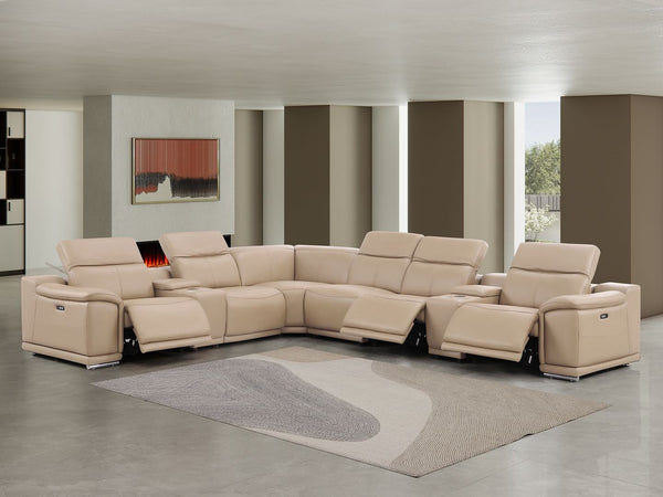 HomeRoots Beige Leather Modular L-Shaped Sectional Sofa with Console, Power Recline & USB Ports for Ultimate Comfort 643912