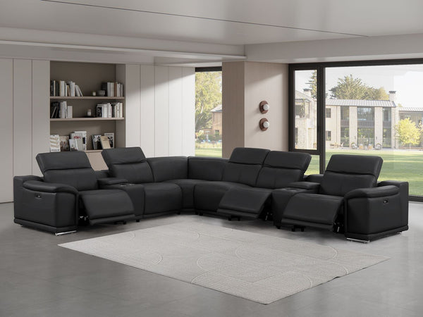 HomeRoots Black Leather Modular L-Shaped Sectional Sofa with Console, Power Recline & USB - Ultimate Comfort! 643914