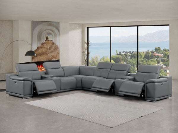 HomeRoots Ash Gray Leather Modular L-Shaped 8-Piece Sectional with USB, Console & Power Recline for Comfort 643916