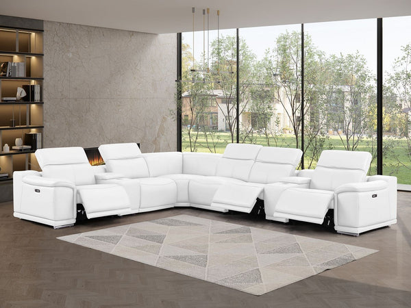 HomeRoots White Leather Modular L-Shaped Sectional Sofa with Console, Recline, USB Ports & Luxurious Comfort 643917