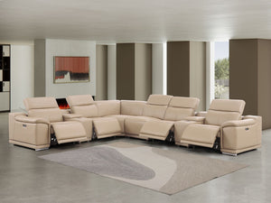 HomeRoots Beige Leather Modular L-Shaped Sectional Sofa with Console, Power Recline & Custom Layout Options 643918