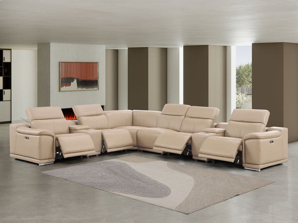 HomeRoots Beige Leather Modular L-Shaped Sectional Sofa with Console, Power Recline & Custom Layout Options 643918