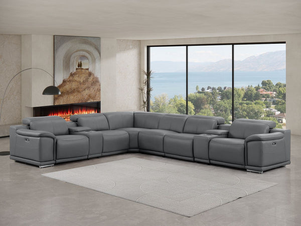 HomeRoots Battleship Gray Leather Modular Sectional Sofa - L-Shaped 8-Piece with Console & USB Port Features 643921