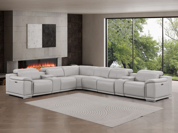 HomeRoots Ash Gray Leather Modular Sectional Sofa - L-Shaped 8-Piece Design with Reclining Comfort & Console 643922