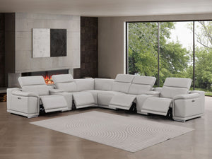 HomeRoots Ash Gray Leather Modular Sectional Sofa - L-Shaped 8-Piece Design with Reclining Comfort & Console 643922