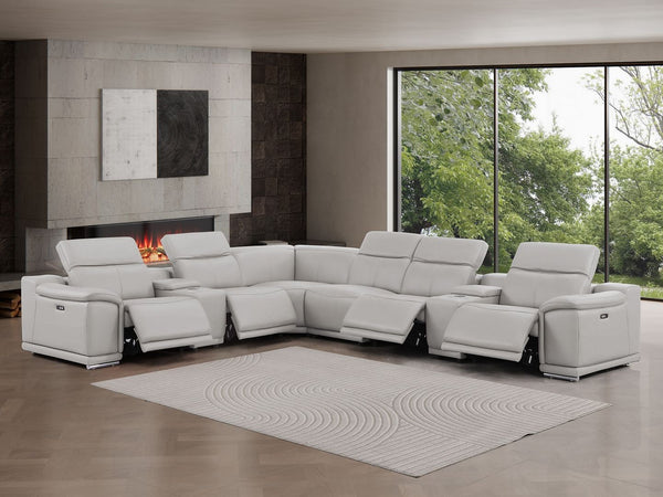 HomeRoots Ash Gray Leather Modular Sectional Sofa - L-Shaped 8-Piece Design with Reclining Comfort & Console 643922