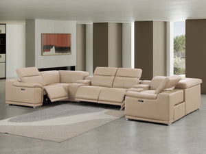 HomeRoots Beige Leather Modular U-Shaped Corner Sectional Sofa with Console – Power Recline & Storage Solution 643924