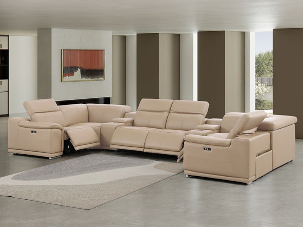HomeRoots Beige Leather Modular U-Shaped Corner Sectional Sofa with Console – Power Recline & Storage Solution 643924
