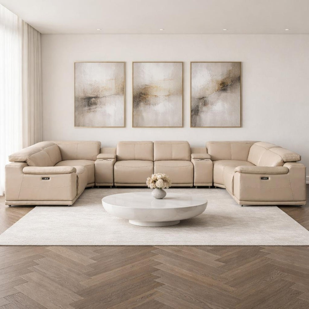 HomeRoots Beige Leather U-Shaped Modular Sectional Sofa with Console, Recline & Plush Comfort for 6 Guests 643925