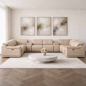 HomeRoots Beige Leather U-Shaped Modular Sectional Sofa with Console, Recline & Plush Comfort for 6 Guests 643925