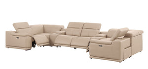 HomeRoots Beige Leather U-Shaped Modular Sectional Sofa with Console, Recline & Plush Comfort for 6 Guests 643925
