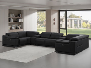 HomeRoots Black Leather Modular U-Shaped Sectional Couch - 8-Piece Design with Console for Ultimate Comfort 643926