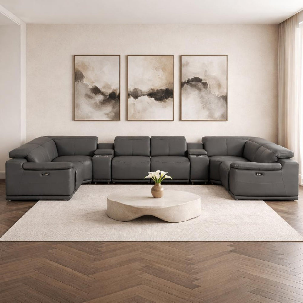 HomeRoots Battleship Gray Leather Modular U-Shaped Sectional Sofa with Console & USB Ports for Modern Living 643927