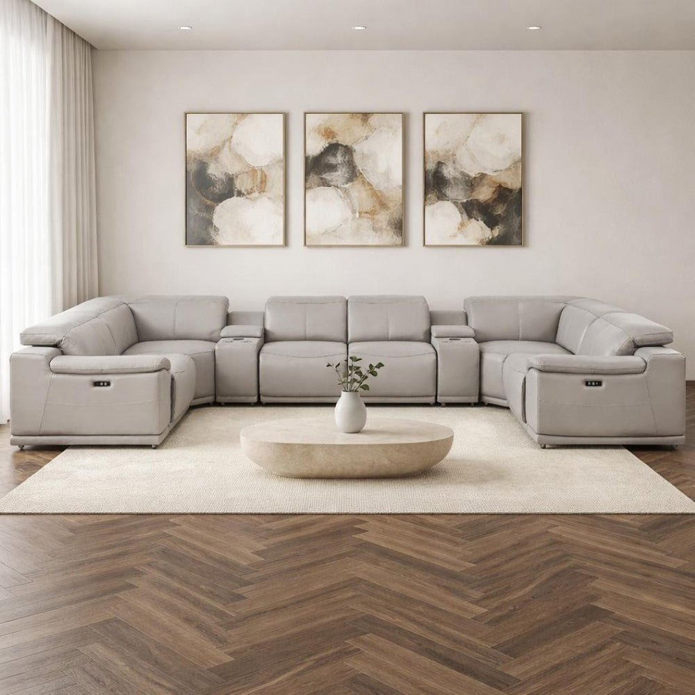 HomeRoots Ash Gray Leather Modular U-Shaped Sectional Sofa with Console, Power Recline & Contemporary Style 643928